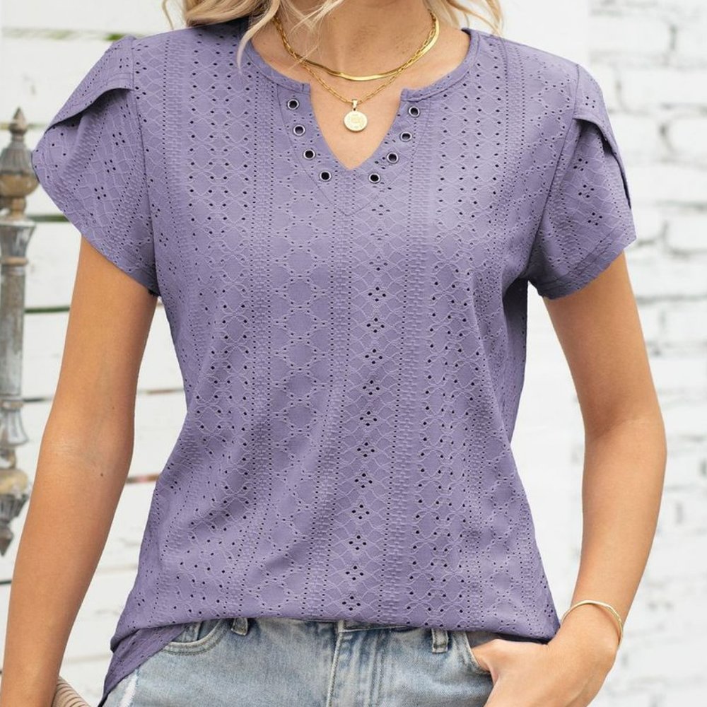 V-neck button hollow loose short-sleeved T-shirt top